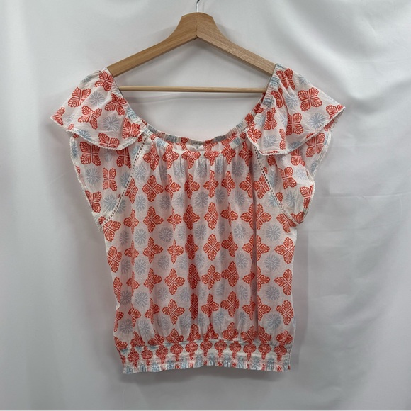 Sigrid Olsen Tops - Sigrid Olsen Cotton Peasant Flutter Sleeve Printed Top | White/Orange/Blue | Med